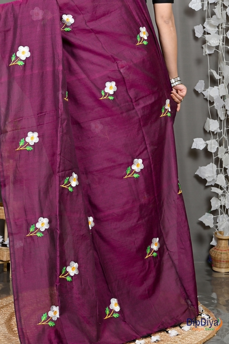 Violet Pure Cotton Paray Embroidery Handloom saree (299)